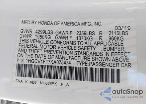 2019 Honda Accord Lx 1.5T z USA, uszkodzony, nr VIN 1HGCV1F17KA075474